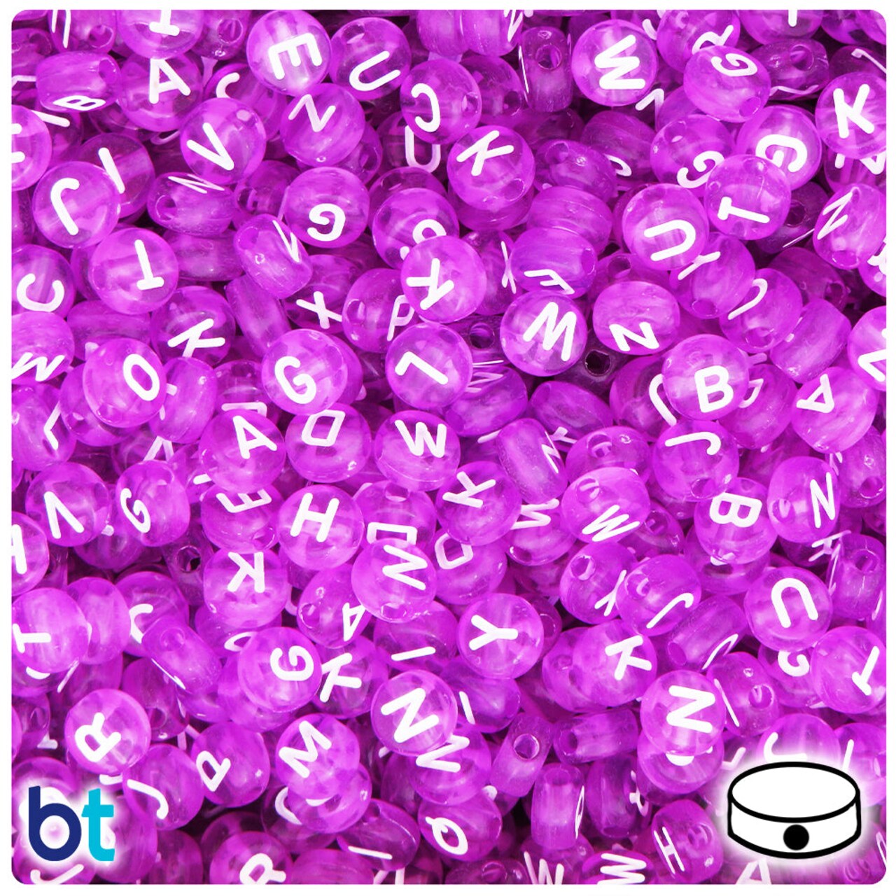 BeadTin Dark Purple Transparent 7mm Coin Plastic Alpha Beads - White Letter Mix (250pcs)
